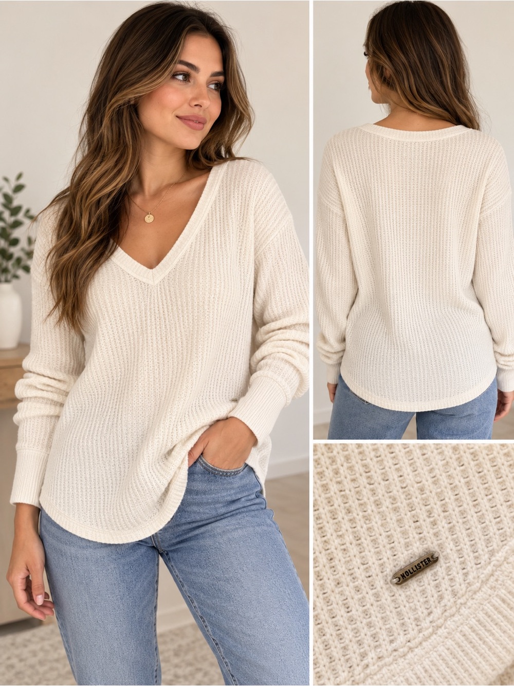 Hollister Cream V-Neck Waffle Knit Sweater